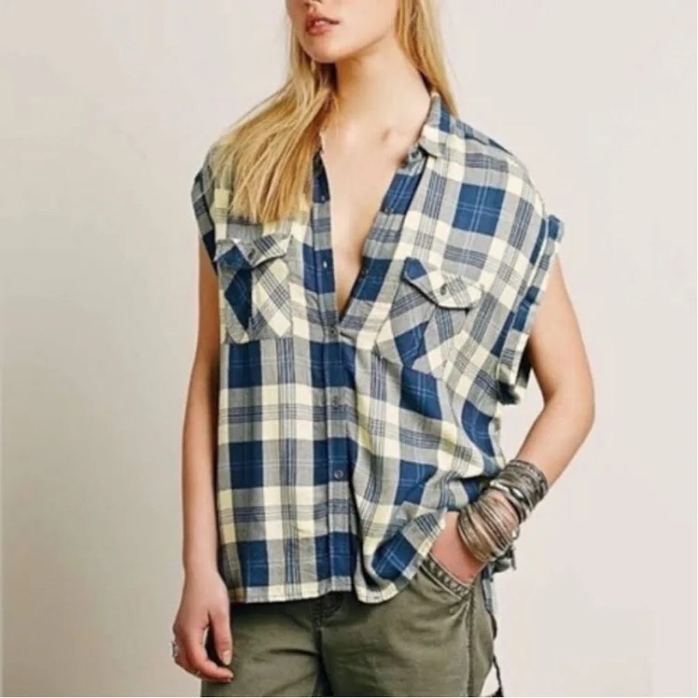 Rails x Free People | Women’s blue/yellow plaid button down shirt, cap sleeves M